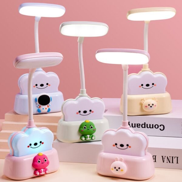 A collection of adorable cloud-shaped LED desk lamps with smiling faces, featuring a pastel colors and small animal themed buttons, set against a pink background