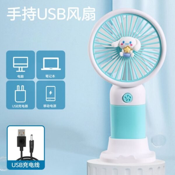 Portable blue handheld fan with Cinnamoroll character design, perfect for summer travel and outdoor activities. Features USB charging for long lasting use.