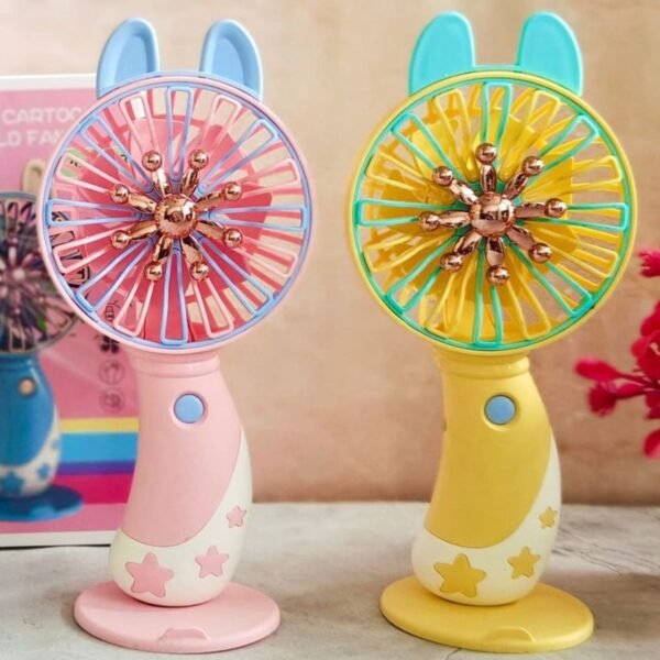 Cute Bunny Ear USB Rechargeable Hand Fan with Mobile Stand & USB Cable | 18 Cm | Compact & Portable | Assorted Colors | Box Packing - Image 2