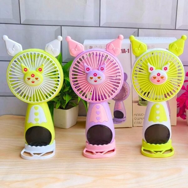 Cute Kawaii Theme Kids USB Hand Fan with Mobile Stand & Light | Compact & Portable | 21 Cm | Assorted Colors | Box Packing - Image 4