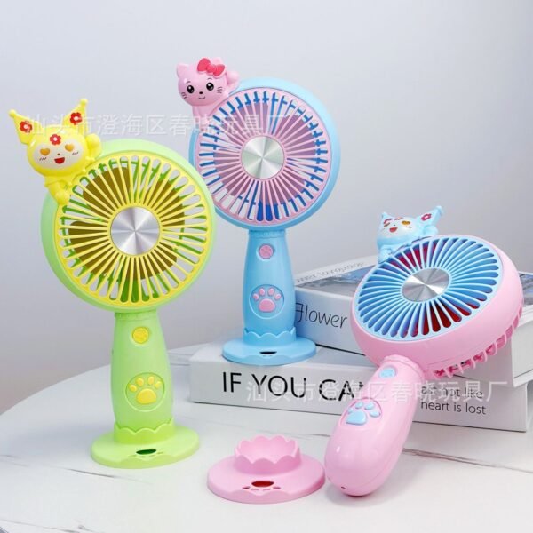 Cute Cartoon Theme USB Rechargeable Hand Fan for Kids | with USB Cable & Mobile Stand | 19 Cm | Assorted Colors | Box Packing - Image 2