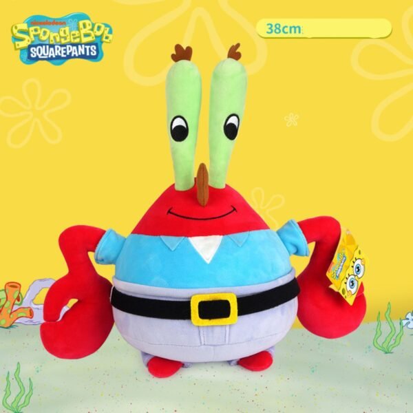 Mr. Krabs plush toy from SpongeBob SquarePants, 38cm tall, featuring his red body, green eye stalks, blue shirt and black belt with yellow buckle, on a yellow background with underwater graphics.