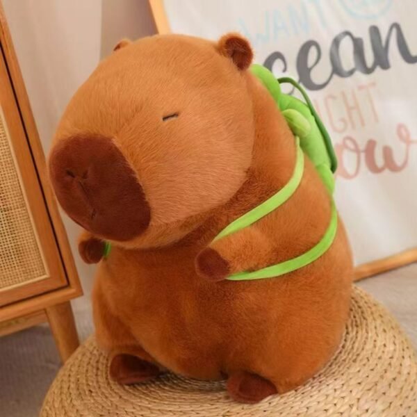Plush Capybara toy with green turtle on its back, cute stuffed animal, soft brown capybara plushie.