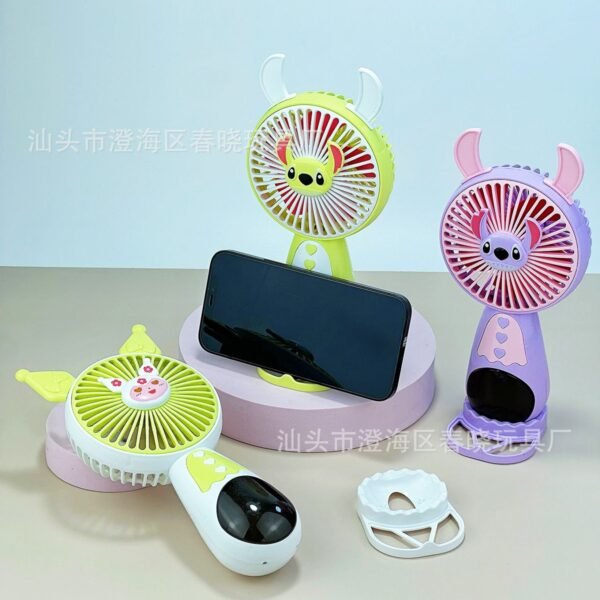 Cute Kawaii Theme Kids USB Hand Fan with Mobile Stand & Light | Compact & Portable | 21 Cm | Assorted Colors | Box Packing - Image 2