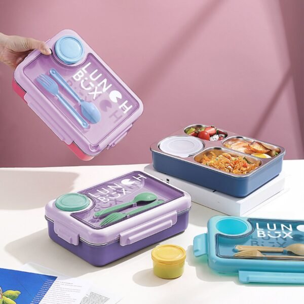Stainless Steel Insulated Bento Lunch Box with Sauce Bowl & Cutlery Set | 900+150 ML | 4 Compartment | Assorted Colors | Box Packing - Image 2