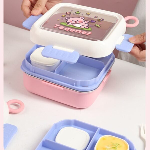 Stainless Steel Lunch Box with Sauce Bowl & Spoon | 3 Compartment | Cartoon Printed | Portable & Leakproof | Secure Lock | 1000 ML | Assorted Prints | Box Packing - Image 4
